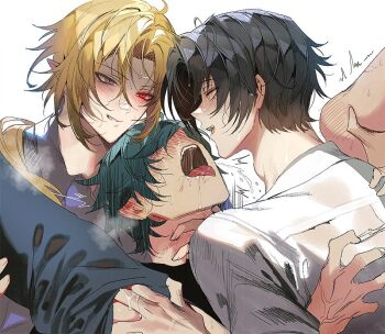 3boys ^^^ adam&#039;s_apple asaba_harumasa bite_mark bite_mark_on_leg black_hair blonde_hair blue_eyes blush collared_shirt commentary covered_eyes cum cum_on_body cum_on_hands curtained_hair english_commentary green_hair grin group_sex hair_behind_ear hand_on_another&#039;s_neck hand_on_another&#039;s_thigh hugo_vlad implied_penetration implied_sex leg_up lighter_(zenless_zone_zero) looking_at_another male_focus mmm_threesome multiple_boys orgasm pointy_ears ponytail red_eyes runa_(nori31291404) saliva shirt smile sweat teeth threesome tongue tongue_out upper_body upper_teeth_only veins veiny_hands white_background white_shirt yaoi yellow_eyes zenless_zone_zero