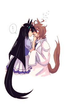 2girls absurdres agnes_tachyon_(umamusume) ahoge animal_ears blonde_hair blunt_ends bow bowtie brown_hair coat commentary_request ear_ornament ear_tag earrings expressive_hair flustered flying_sweatdrops gachitamago hand_on_another's_chin hand_on_another's_face highres horse_ears horse_girl horse_tail imminent_kiss jewelry lab_coat long_hair long_sleeves manhattan_cafe_(umamusume) multicolored_hair multiple_girls open_clothes open_coat open_mouth purple_bow purple_bowtie red_eyes sailor_collar short_hair single_earring sleeves_past_fingers sleeves_past_wrists smile speech_bubble tail thought_bubble translation_request umamusume very_long_hair white_coat white_hair white_sailor_collar yellow_eyes yuri