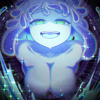 1girl breasts cleavage green_eyes kuroame_uma large_breasts looking_at_viewer monster_girl open_mouth original slime_girl smile solo