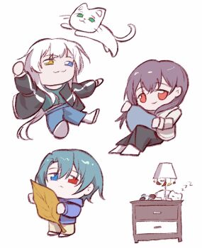 3girls :3 aged_up bang_dream! bang_dream!_it&#039;s_mygo!!!!! blue_eyes blue_hoodie brown_hair cat chibi chinese_commentary commentary_request grey_hair hero45439083942 heterochromia highres hood hoodie kaname_raana long_hair mother_and_daughter multiple_girls original red_eyes science_babies simple_background takamatsu_tomori white_background white_hair yellow_eyes