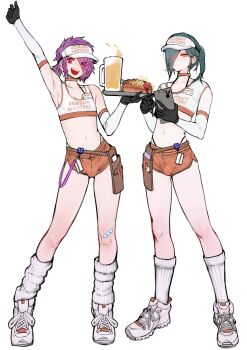 >_o 2boys 2n5 ;d absurdres alcohol aqua_hair armpits bandaid beer belt bulge commentary crop_top elbow_gloves english_text femboy_hooters_(meme) gloves hair_over_one_eye highres hooters hot_dog iriya-kun kneehighs long_hair looking_at_viewer loose_socks male_focus meme micro_shorts midriff mikel-kun multiple_boys multiple_traps navel no_legwear one_eye_closed open_mouth original ponytail purple_eyes purple_hair shoes short_hair shorts smile sneakers socks tank_top teeth thong trap tray visor_cap white_socks yellow_eyes