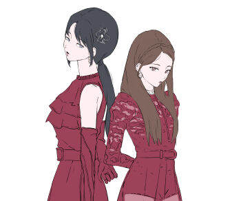 12_07sh 2girls absurdres arm_behind_back black_hair brown_eyes brown_hair closed_mouth commentary cowboy_shot dress earrings gfriend highres jewelry long_hair looking_at_viewer multiple_girls necklace ponytail purple_eyes red_dress sash simple_background sleeveless sleeveless_dress umji_(gfriend) white_background yuju_(gfriend)