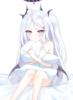 1girl ahoge bed_sheet black_halo black_horns blue_archive blush breasts closed_mouth collarbone commentary commentary_request demon_horns demon_wings english_commentary feet_out_of_frame hair_ornament hair_over_shoulder hairclip halo highres hina_(blue_archive) horns hugging_object korean_commentary loli long_hair looking_at_viewer low_wings mechanical_halo mixed-language_commentary multiple_horns nude on_bed one_side_up parallel_hairclips parted_bangs pillow pillow_hug purple_eyes side_ponytail sidelocks simple_background sitting small_breasts solo split_mouth ugaaaa1 very_long_hair white_background white_hair wings