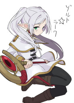 1girl black_pantyhose boots brown_boots capelet closed_mouth commentary earrings elf frieren fusazakura green_eyes grey_hair highres holding holding_staff jewelry knee_boots long_hair long_sleeves looking_at_viewer mage_staff pantyhose parted_bangs pointy_ears shirt simple_background skirt solo sousou_no_frieren staff striped_clothes striped_shirt teardrop_earrings twintails white_background white_capelet white_skirt