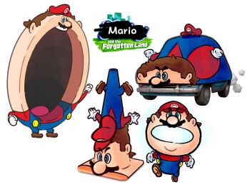 4boys brown_hair car car_mouth cone_mouth crossover facial_hair gloves hat highres jiggidyjakes kirby kirby_(series) kirby_and_the_forgotten_land light-bulb_mouth mario mario_(series) motor_vehicle mouthful_mode multiple_boys multiple_persona multiple_views mustache nintendo open_mouth red_headwear ring_mouth simple_background super_mario_bros._1 teeth traffic_cone what white_background white_gloves