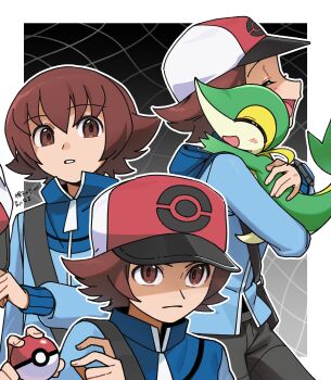 1boy blue_jacket brown_eyes brown_hair closed_mouth commentary_request gen_5_pokemon hands_up hat highres hilbert_(pokemon) hitotose_rinne holding holding_poke_ball holding_pokemon holding_unworn_clothes holding_unworn_hat jacket long_sleeves male_focus multiple_views nintendo poke_ball poke_ball_(basic) pokemon pokemon_(creature) pokemon_bw short_hair snivy strap unworn_hat unworn_headwear xtransceiver zipper_pull_tab