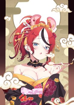 1girl :o absurdres animal_ears bare_shoulders black_kimono blue_eyes breasts cafelittle collarbone commentary detached_collar floral_print floral_print_kimono flower hair_flower hair_ornament hair_stick hakos_baelz high_ponytail highres holding holding_smoking_pipe hololive hololive_english japanese_clothes kimono large_breasts looking_at_viewer mouse_ears mouse_girl multicolored_hair obi ponytail print_kimono red_hair sash smoking_pipe solo streaked_hair upper_body virtual_youtuber