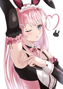 1girl absurdres animal_ears arm_up armpits azakura_(beniyomogi) bang_dream! bang_dream!_it&#039;s_mygo!!!!! blush brooch chihaya_anon commentary_request cosplay detached_sleeves fake_animal_ears grey_eyes hair_ornament hairclip heart heart_brooch highres jewelry long_sleeves looking_at_viewer maid_headdress official_alternate_costume partial_commentary pink_hair presenting_armpit rabbit_ears shiina_taki shiina_taki_(cosplay) sleeveless solo spread_armpit tongue tongue_out upper_body