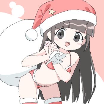 1girl bikini christmas commentary_request flat_chest hat jaggy_lines lokulo_no_mawashimono long_hair oekaki original red_bikini santa_bikini santa_costume santa_hat solo swimsuit thighhighs