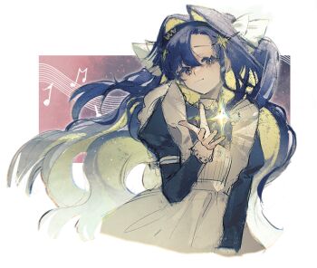 1girl apron beamed_eighth_notes black_dress black_hairband blonde_hair blue_eyes blue_hair closed_mouth colored_inner_hair cropped_torso dress eighth_note floating_hair frilled_apron frills hair_intakes hair_ornament hairband hand_up jiaji juliet_sleeves long_hair long_sleeves multicolored_hair musical_note puffy_sleeves reverse:1999 smile solo sparkle star_(symbol) star_hair_ornament upper_body very_long_hair voyager_(reverse:1999) white_apron