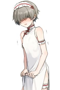 1boy androgynous armband armlet armpit_crease bare_shoulders blush commentary_request cowboy_shot crossdressing crossdressing_(mtf) dot_nose dress frilled_armband frilled_armlet frilled_hairband frilled_thighlet frills grey_eyes grey_hair hair_over_eyes hairband jewelry looking_at_viewer male_focus motion_lines one_eye_covered original partial_commentary short_hair shy simple_background sleeveless sleeveless_dress solo sunaba_(nczd5875) thighlet trap white_background white_dress white_headdress