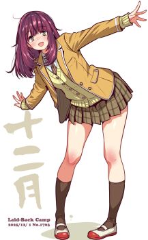 Rule 34 | 1girl, arm up, black socks, brown skirt, closed mouth, commentary request, copyright name, dated, full body, highres, holding, jagi (jagi souken), leaning forward, long sleeves, medium hair, miniskirt, multicolored eyes, pleated skirt, purple hair, school uniform, shirt, shoes, skirt, smile, socks, solo, standing, sweater vest, toki ayano, translation request, white shirt, winged arms, wings, yellow sweater vest, yurucamp