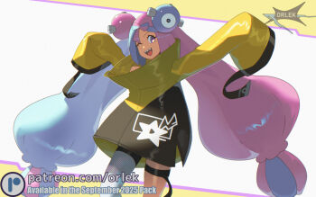 Rule 34 | 1girl, blue hair, bow-shaped hair, character hair ornament, commentary, english commentary, grey pantyhose, hair ornament, hexagon print, iono (pokemon), jacket, long hair, long sleeves, looking at viewer, multicolored hair, nintendo, one eye closed, open mouth, orlek, oversized clothes, pantyhose, pink hair, pokemon, pokemon sv, sharp teeth, single leg pantyhose, sleeves past fingers, sleeves past wrists, smile, solo, split-color hair, teeth, two-tone hair, yellow jacket