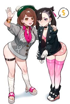 2girls 5t_(5t_000) :/ :d absurdres arm_around_neck black_choker black_footwear black_jacket boots bra bracelet breasts brown_eyes brown_hair choker cleavage closed_mouth commentary dollar_sign ear_piercing earrings english_commentary eyeshadow facial_mark fingernails gloria_(pokemon) gloves gold_bracelet green_eyes green_headwear grey_jacket hair_horns hand_up hat heart heart_facial_mark high_heel_boots high_heels highres hood hood_down jacket jewelry leaning_forward legs_together lipstick long_sleeves looking_at_viewer makeup marnie_(pokemon) medium_breasts multiple_girls nail_polish nintendo open_clothes open_jacket open_mouth piercing pink_bra pink_legwear pink_lips pink_shirt platform_footwear platform_heels pokemon pokemon_swsh prostitution sandals shirt simple_background smile socks spoken_dollar_sign stirrup_legwear tam_o&#039;_shanter thigh_strap thighhighs toeless_legwear toenail_polish toenails underwear waving white_background white_gloves white_legwear yellow_nails