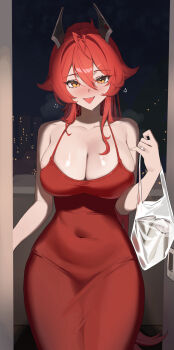 1girl :d bag beer_can blush breasts can cleavage covered_navel doorway dress drink_can goddess_of_victory:_nikke high_ponytail highres holding holding_bag horns large_breasts long_hair looking_at_viewer mechanical_horns michelan night night_sky official_alternate_costume open_mouth ponytail red_hair red_hood_(nikke) red_hood_(nonsense_red)_(nikke) sky smile solo taut_clothes taut_dress very_long_hair yellow_eyes