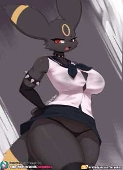 1girl 2021 armlet artist_name black_background black_fur black_panties black_skin black_thighhighs blue_skirt breasts burgerkiss collar colored_skin cowboy_shot english_text eyelashes fang female_focus fingerless_gloves furaffinity_logo furaffinity_username furry furry_female gen_2_pokemon gloves highres jewelry looking_at_viewer markings microskirt miniskirt nintendo open_mouth panties personification pokemon pokemon_(creature) red_eyes school_uniform simple_background skirt solo solo_focus spiked_armlet spiked_collar spikes subscribestar_logo subscribestar_username tagme tail teeth thick_thighs thighhighs thighs thong tongue two-tone_fur umbreon underwear watermark wide_hips