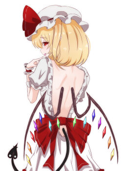 Rule 34 | 1girl, back, blonde hair, commentary request, crystal, demon tail, dress, fang, flandre scarlet, frills, from behind, hat, hat ornament, highres, looking at viewer, medium hair, merihari07, mob cap, multicolored wings, open mouth, pointy ears, puffy short sleeves, puffy sleeves, red eyes, short sleeves, simple background, solo, tail, touhou, vampire, white dress, white hat, wings