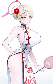 Rule 34 | 1girl, absurdres, blonde hair, blue archive, breasts, china dress, chinese clothes, dantyou2525, dress, gloves, half gloves, halo, hand fan, highres, large breasts, looking at viewer, marina (blue archive), marina (qipao) (blue archive), official alternate costume, open mouth, pelvic curtain, red halo, short hair, simple background, sleeveless, sleeveless dress, solo, white background, white dress, white gloves, yellow eyes