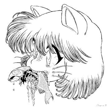 15ooo 1girl animal_ears bloodshot_eyes bob_cut cat_ears cat_girl fish guro highres nose_scrunch original snarling solo veins whiskers