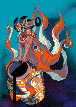 1boy blue_background colored_inner_hair commentary_request dark-skinned_male dark_skin edarow full_body hat liquid long_hair looking_at_viewer male_focus multicolored_hair muscular muscular_male octopus_boy orange_eyes original parted_lips pouring red_hair solo star_(sky) starry_sky_background tentacle_hair vase very_long_hair white_hair