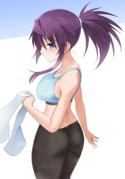1girl ass expressionless imura_(shiro_maru) pants purple_hair shiro_maru sports_bra sweat sweatdrop tagme