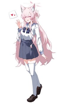 1girl absurdres akira_(blue_archive) animal_ear_fluff animal_ears bell black_choker blue_archive blue_bow blue_bowtie blue_sailor_collar blue_skirt bow bowtie brooch cat_ears choker fang halo heart highres jewelry loafers long_hair neck_bell pleated_skirt plentyofempty sailor_collar school_uniform shoes skirt sky solo spoken_heart thighhighs waving white_hair white_thighhighs