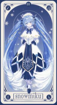 1girl :o absurdly_long_hair ahoge ankle_boots big_hair blue_background blue_border blue_bow blue_bowtie blue_eyes blue_gloves blue_hair book boots border bow bowtie braid capelet card_(medium) catea_(catea22091196) character_name colored_tips commentary dress fortissimo full_body fur-trimmed_boots fur-trimmed_capelet fur_trim gloves hair_between_eyes hair_ornament hat hat_bow hatsune_miku head_tilt highres holding holding_book light_particles long_dress long_hair multicolored_hair musical_note musical_note_hair_ornament open_book open_mouth pale_skin sidelocks simple_background single_braid snowflakes solo swept_bangs tarot tarot_(medium) twintails two-tone_hair very_long_hair vocaloid white_boots white_capelet white_dress white_hair white_hat yuki_miku yuki_miku_(2021)