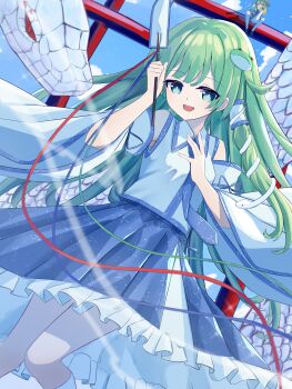 16sanrach 2girls absurdres animal_print blonde_hair blue_skirt blue_sky brown_hat cloud commentary_request day detached_sleeves frilled_skirt frills frog_hair_ornament frog_print gohei green_eyes green_hair hair_ornament hair_tubes hat highres holding holding_gohei kochiya_sanae long_hair looking_at_viewer mishaguji moriya_suwako multiple_girls open_mouth purple_skirt purple_vest single_hair_tube sitting sitting_on_torii skirt skirt_set sky smile snake snake_hair_ornament solo_focus torii touhou very_long_hair vest white_snake wide_sleeves