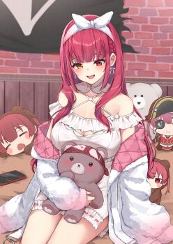 Rule 34 | 1girl, breasts, character doll, chibi, commentary, commentary request, doll, dress, heterochromia, highres, hololive, houshou kumarine, houshou marine, houshou marine (roomwear), jacket, large breasts, official alternate costume, red eyes, smile, solo, teeth, upper teeth only, virtual youtuber, white dress, white jacket, yellow eyes, yoshinone