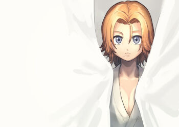 1girl aged_down bleach blue_eyes breasts cleavage commentary_request curtains light_frown lips matsumoto_rangiku medium_breasts medium_hair mole mole_under_mouth nigatsumikka orange_hair solo upper_body