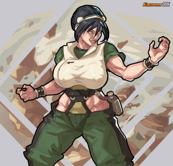 1girl absurdres aged_up artist_name avatar:_the_last_airbender avatar_legends black_hair blind breasts commentary english_commentary equinox geokinesis hairband highres large_breasts rock short_hair smile solo toph_beifong