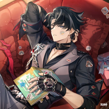 1boy absurdres arm_behind_head bandaged_arm bandages black_bandages black_gloves black_hair black_jacket blubberbeast_(genshin_impact) blue_eyes book character_sticker chinese_commentary commentary_request copyright_name couch fingerless_gloves fingernails genshin_impact gift gloves grey_hair hair_between_eyes half-closed_eyes highres holding holding_book jacket looking_at_viewer lying male_focus medium_hair melusine_(genshin_impact) multicolored_hair necktie official_art on_back on_couch parted_lips red_necktie sigewinne_(genshin_impact) solo sticker unworn_necktie wriothesley_(genshin_impact)