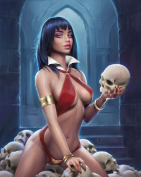 1girl absurdres armlet black_hair blue_eyes bracelet breasts commentary highres holding holding_skull jewelry large_breasts medium_breasts navel o-ring o-ring_dress parted_lips red_nails signature skull slingshot_dress solo vampirella vampirella_(character) will_jack
