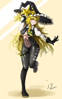 1girl absurdres black_bodysuit black_gloves blonde_hair bodysuit bow braid breasts clothes_writing clothing_cutout covered_navel gloves grin hair_bow hand_on_own_face hat highres kirisame_marisa long_hair long_sleeves multiple_girls navel outstretched_hand race_queen see-through_clothes smile star_(symbol) star_cutout test_tube thigh_strap touhou underboob witch_hat woshijuezhu