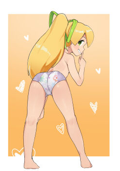 1girl absurdres araimelon ass barefoot blonde_hair commission feet finger_to_mouth from_behind green_eyes grin heart highres kneepits leaning_forward legs loli long_hair looking_back mega_man_(series) panties pixiv_commission ponytail ribbon roll_(mega_man) shushing smile solo standing thighs topless_female underwear underwear_only white_panties