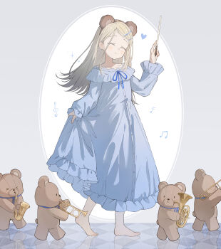 1girl absurdres animal_ear_hairband animal_ears barefoot bear_ear_hairband bear_ears blonde_hair blue_nightgown blue_ribbon closed_eyes closed_mouth collarbone commentary conductor conductor_baton euphonium facing_ahead fake_animal_ears flipped_hair frilled_nightgown full_body gakuen_idolmaster gradient_hair grey_hair hair_ornament hairband hairclip hand_up highres holding_baton idolmaster instrument light_blush long_hair multicolored_hair musical_note nightgown parallel_hairclips parted_bangs reflection ribbon saxophone shinosawa_hiro skirt_hold sleepwear smile solo sparkle stuffed_animal stuffed_toy symbol-only_commentary teddy_bear trombone trumpet walking yuuneka