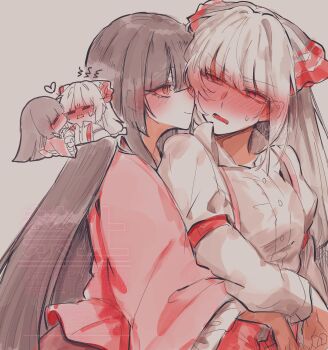 Rule 34 | 2girls, absurdres, black hair, blunt bangs, blush, closed mouth, commentary request, embarrassed, from side, fujiwara no mokou, heart, highres, hime cut, houraisan kaguya, hug, hug from behind, kiss, kissing cheek, long hair, long sleeves, multiple girls, parted lips, pink eyes, pink shirt, red eyes, shirt, sidelocks, somei ooo, touhou, upper body, very long hair, white hair, white shirt, yuri