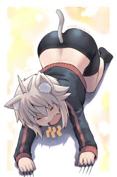 1girl animal_ears antenna_hair artist_name ass bike_shorts blonde_hair border cat_ears cat_stretch cat_tail claw_mark closed_eyes dated fang highres jacket kemonomimi_mode koshirae_tsurugi_(m.m) m.m open_mouth original outside_border shadow solo stretching tail tearing_up webp-to-png_conversion white_border yawning