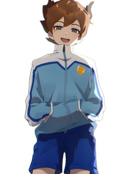 1boy absurdres blue_eyes blue_shorts brown_hair collared_jacket commentary_request cowboy_shot double-parted_bangs hair_between_eyes hand_in_pocket highres inazuma_eleven_(series) inazuma_eleven_go jacket long_sleeves looking_at_viewer m1_tsuru male_focus matsukaze_tenma shorts smile solo teeth tongue track_jacket upper_teeth_only