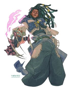 artist_name black_hair claws commentary dark-skinned_male dark_skin dreadlocks energy english_commentary frances_(t0birooo) gachiakuta gold_ring hair_rings highres hood hood_down jabber_wonger long_hair pink_eyes simple_background stitched_pants white_background