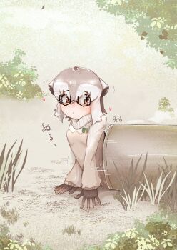 1girl absurdres animal_ears blush commentary_request extra_ears feral_instincts glasses gloves grey_hair heart highres industrial_pipe kemono_friends kemono_friends_3 meerkat_(kemono_friends) meerkat_ears meerkat_tail multicolored_hair short_hair solo sweater tail two-tone_sweater white_hair yuyou_(neogyoyu)