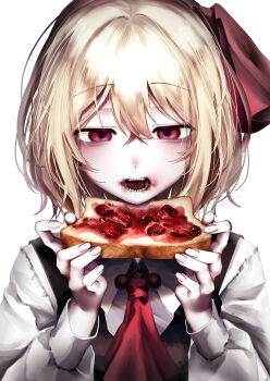1girl absurdres ascot black_vest blonde_hair blood blood_on_face bread food hair_between_eyes hair_ribbon highres holding holding_food long_sleeves meat open_mouth red_ascot red_eyes red_ribbon ribbon rumia shirt short_hair simple_background solo t_terano teeth touhou vest white_background white_shirt