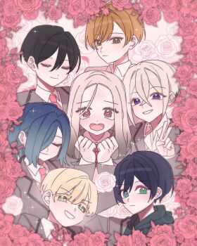 1girl 6+boys black_hair black_hoodie blonde_hair blue_hair blush brown_eyes chi_kan100 clenched_hands closed_eyes commentary_request crossed_bangs dei_matsuri floral_border forehead forehead_blush frown genderswap genderswap_(ftm) gradient_hair green_eyes grey_jacket grin hair_between_eyes haraga_kurumi heart heart-shaped_mouth heart-shaped_pupils highres hood hood_down hoodie inda_karane jacket kimi_no_koto_ga_dai_dai_dai_dai_daisuki_na_100-nin_no_kanojo korean_commentary long_sleeves male_harem meido_mai meido_mei multicolored_hair multiple_boys nakaji_uto necktie nose_blush orange_hair purple_eyes red_necktie smile sparkle sutou_iku symbol-shaped_pupils v wavy_eyes