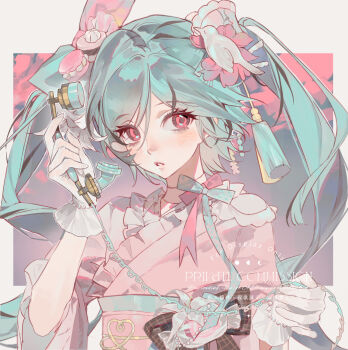 1girl absurdres antique_phone bird bird_hair_ornament blue_hair blush bow brown_bow commission dessert eyelashes food food-themed_hair_ornament frills gem gloves hair_ornament highres holding holding_phone japanese_clothes kimono lips long_hair looking_to_the_side macaron macaron_hair_ornament makeup mihuashi_commission multicolored_hair obi original parted_lips pearl_(gemstone) phone pink_bird pink_eyes pink_kimono rouge_(makeup) sash sidelocks solo streaked_hair tassel tassel_hair_ornament twintails upper_body watermark white_gloves yihuo_tou_mei_tou