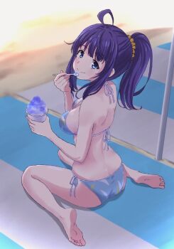 10sun 1girl ahoge aqua_bikini ass bikini blue_eyes blue_hair breasts butt_crack closed_mouth commentary_request food hair_between_eyes holding holding_spoon large_breasts long_hair looking_at_viewer looking_back make_heroine_ga_oo_sugiru! ponytail shaved_ice side-tie_bikini_bottom sidelocks sitting smile solo spoon swimsuit teeth thighs wariza yanami_anna