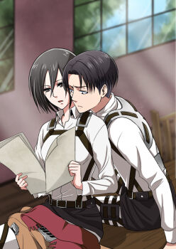 1boy 1girl affair bad_tag belt betrayal black_eyes black_hair buckle cheating_(relationship) disgrace disgust incest incestuous incestus indoors infidelity jacket levi_(shingeki_no_kyojin) llmonakall long_sleeves mikasa_ackerman netorare open_mouth out_of_character pants paper papers reading scarf shingeki_no_kyojin sitting thigh_strap unfaithful window