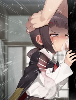 1boy 1girl absurdres age_difference bar_censor brown_hair brown_skirt cape censored collared_shirt confused fellatio hair_ornament hetero highres komekko kono_subarashii_sekai_ni_shukufuku_wo! large_penis large_variant_set loli long_sleeves medium_hair mizumizuni oral penis pleated_skirt red_eyes saliva saliva_trail shirt sidelocks skirt standing standing_fellatio star_(symbol) star_hair_ornament tongue tongue_out variant_set white_shirt