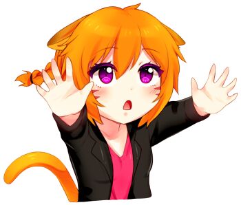 1girl :o alternate_costume animal_ears arms_up black_jacket blush braid braided_ponytail breasts cat_ears cat_girl collarbone commission commissioner_upload cropped_torso dated_commentary deformed dot_nose ears_down facial_mark facing_viewer fire_emblem fire_emblem:_radiant_dawn hair_between_eyes jacket laguz_(fire_emblem) long_hair long_sleeves looking_up lyre_(fire_emblem) nintendo non-web_source open_clothes open_hands open_jacket open_mouth orange_hair pink_shirt purple_eyes reaching shirt simple_background small_breasts solo takai_seika transparent_background upper_body whisker_markings