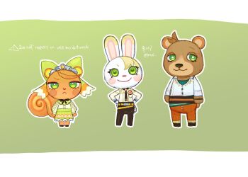 1girl 2boys 91007 alfred_(fire_emblem) animal_crossing bear_boy boucheron_(fire_emblem) brown_fur commentary_request etie_(fire_emblem) fire_emblem fire_emblem_engage green_eyes looking_at_viewer multiple_boys nintendo orange_fur rabbit_boy squirrel_girl white_fur