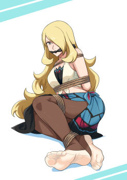 1girl absurdres arms_behind_back blonde_hair bound breasts cleave_gag cloth_gag cynthia_(pokemon) cynthia_(summer_2025)_(pokemon) gag gagged highres improvised_gag legs long_hair lost_one_zero nintendo pokemon pokemon_masters_ex sarong